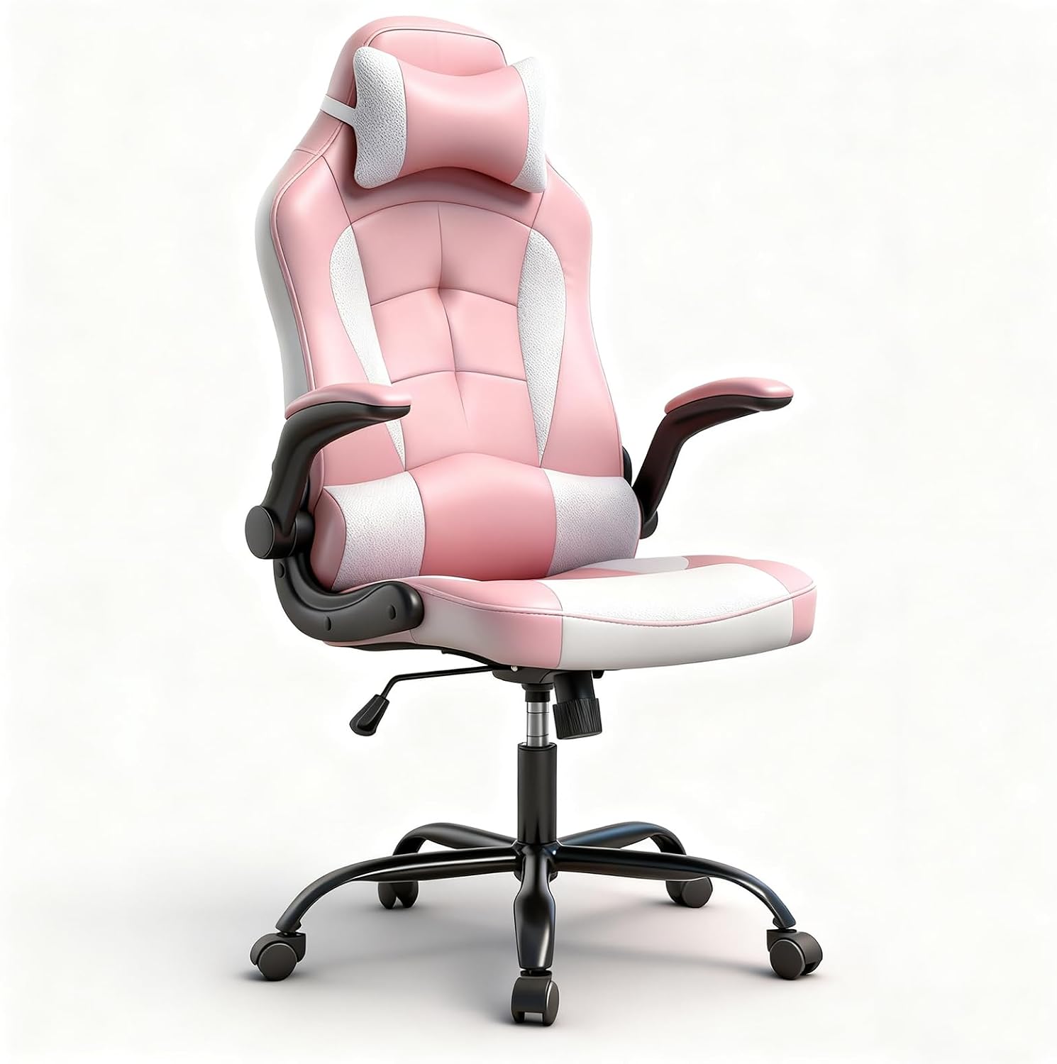 Pink Gaming Desk Chair PC Gaming Chair Gamer Chair, Comftorable Ergonomic PU Leather Computer Office Chair with Lumbar Support Flip Up Arms, High Back Executive Gaming Stuff for Girl Kids Adults