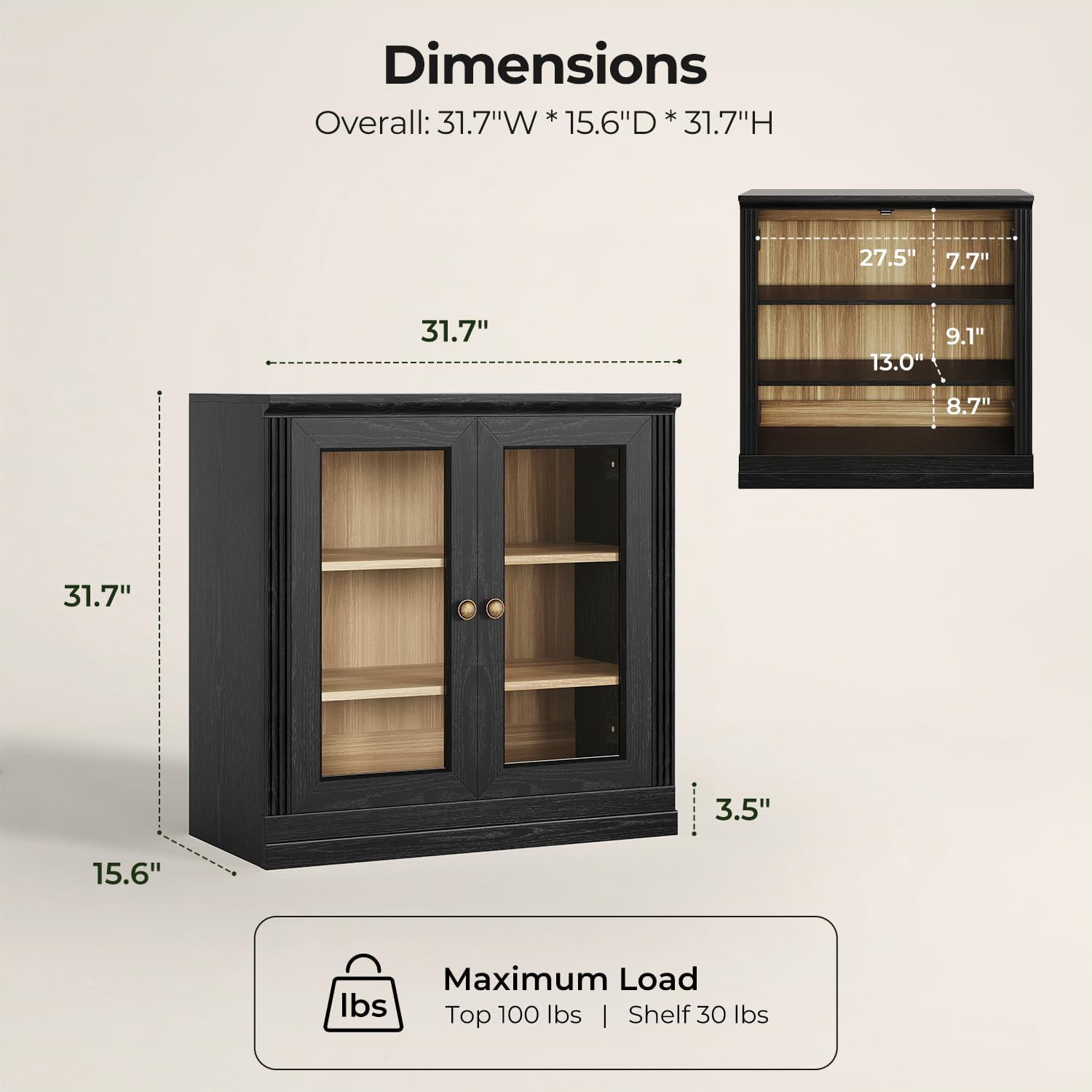 CHIC HOUSE Monos Storage Cabinet with Acrylic Doors & Shelves, 32" Modular Fluted Sideboard Buffet Cabinets, Small Coffee Bar Kitchen Pantry, Modern Media Console Cabinet for Living Room, Black