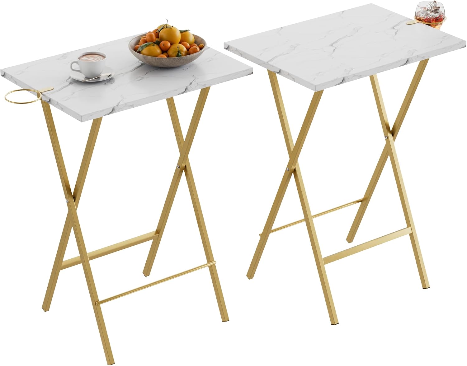 VECELO Folding TV Tray for Eating Set of 2, Portable Dinner/Snack Table with Cup Holder for Couch, Living Room and Small Space, Gold