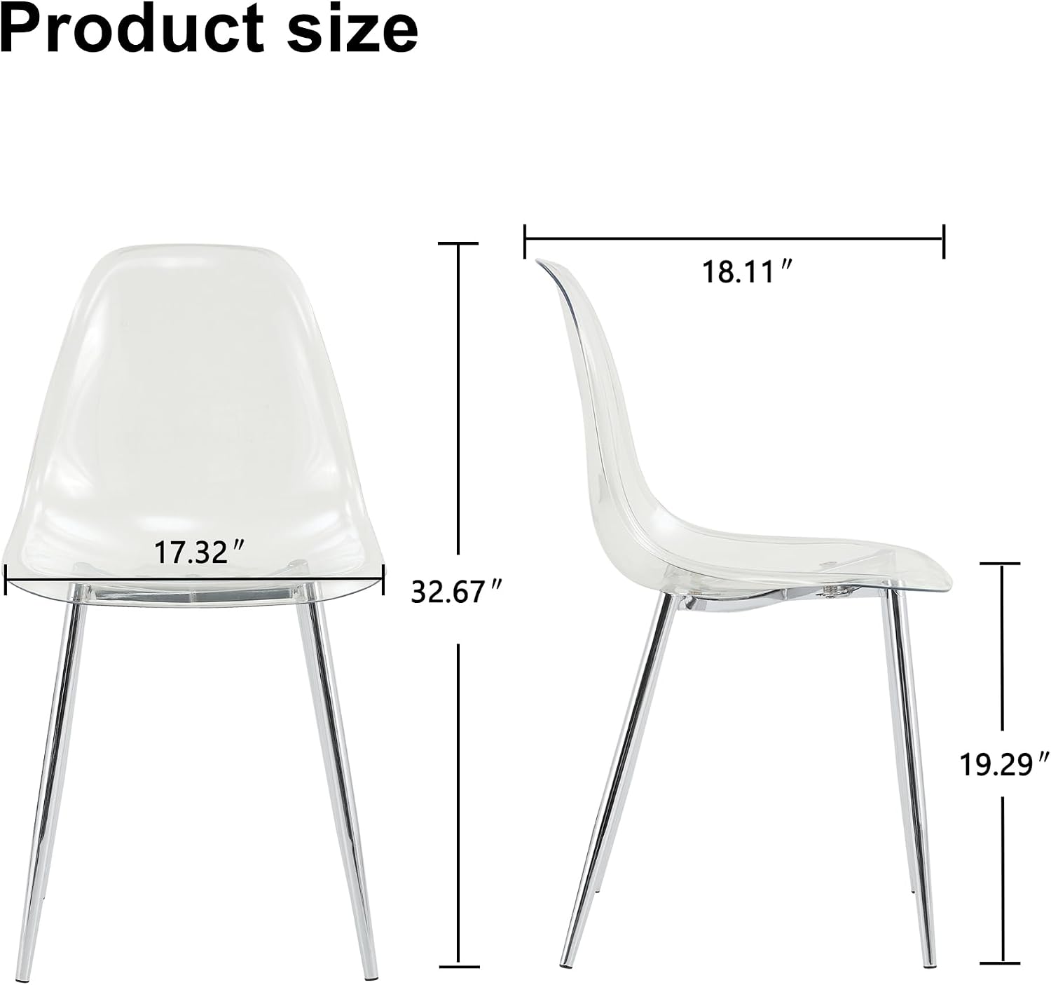 Clear Acrylic Dining Chairs Set of 4, Armless Modern Side Chairs with Transparent Seat, Ergonomic Backrest and Chrome Metal Legs, Ghost Style Kitchen Chairs for Dining Room, Living Room