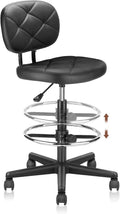 KLASIKA Leather Drafting Stool Chair with Ergonomic Backrest & Footrest, Padded Seat Adjustable Height 360° Swivel Rolling Stools, Tall Office Chair for Standing Desk, Shop, Drawing, Work, Black