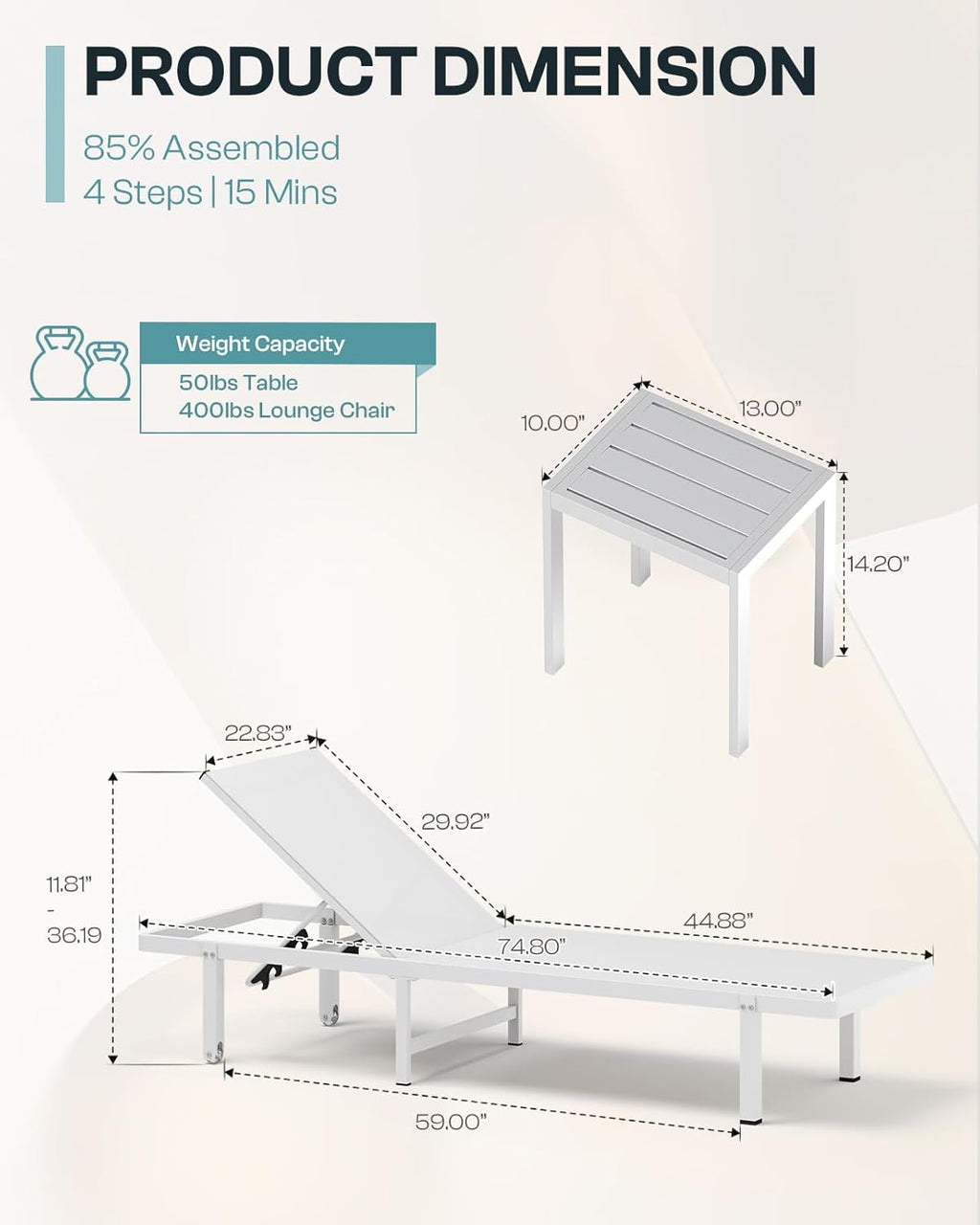 Pool Lounge Chairs Set of 2, Aluminum Outdoor Lounge Chairs with Wheels and 5-Position Recliner, Patio Chaise Lounge Outdoor for Poolside, Deck, Beach (White)