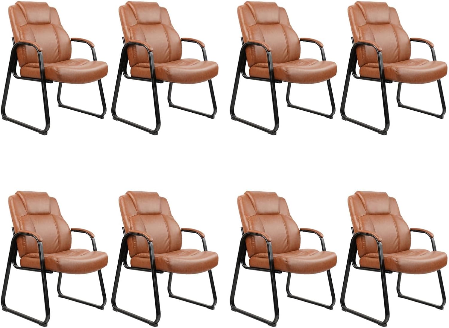 CLATINA Big Tall 500 LB Wide Guest Chairs Heavy Duty, Leather Side Reception Chairs with Sled Base and Arms, Executive Office Desk Chair No Wheels for Meeting Conference Waiting Room Home, Brown 8 PK