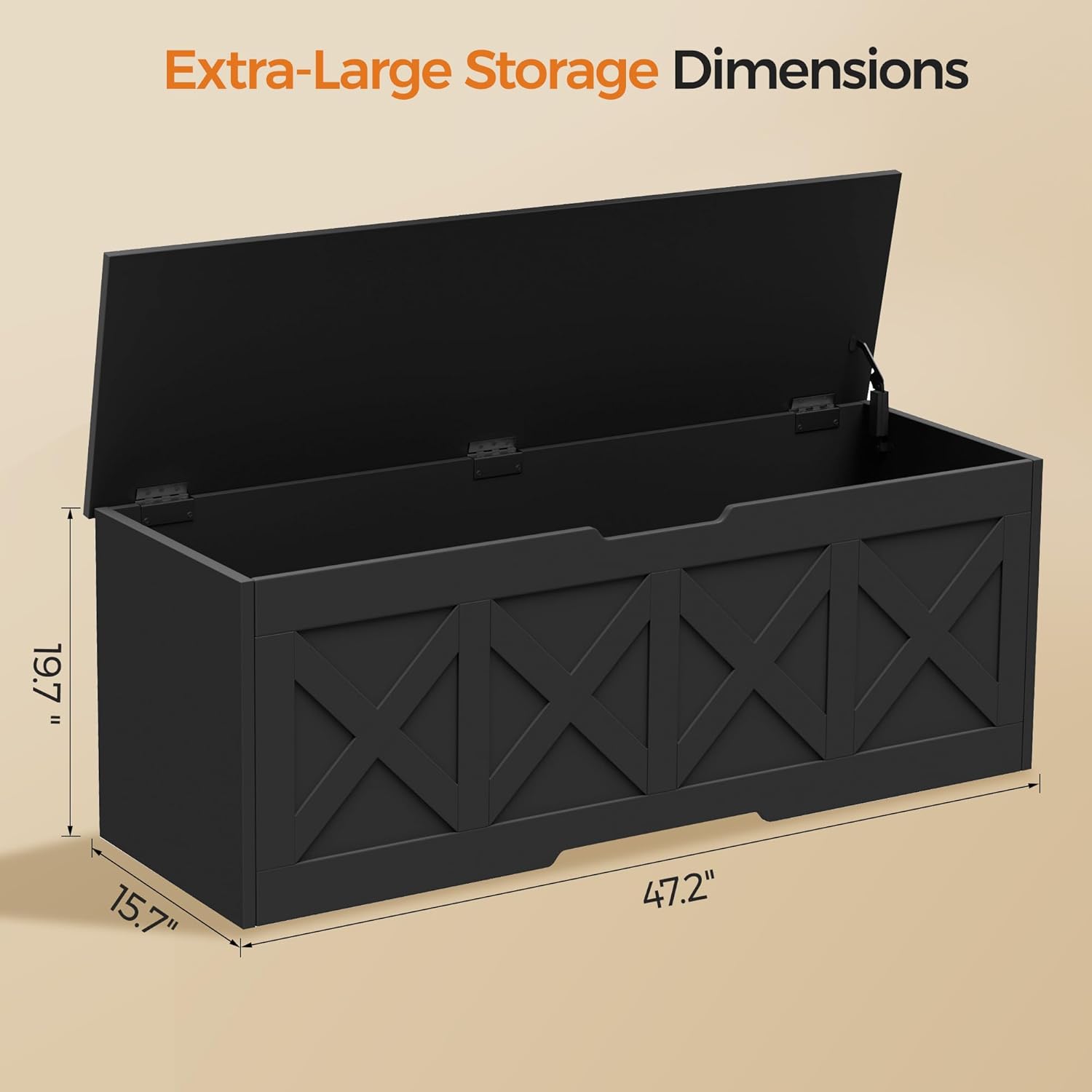 Homleke 47.2" Extra-Large Wooden Storage Chest – Farmhouse Toy Box, Entryway Bench, Bedroom Storage, Safety Hinge, Easy Assembly, Black