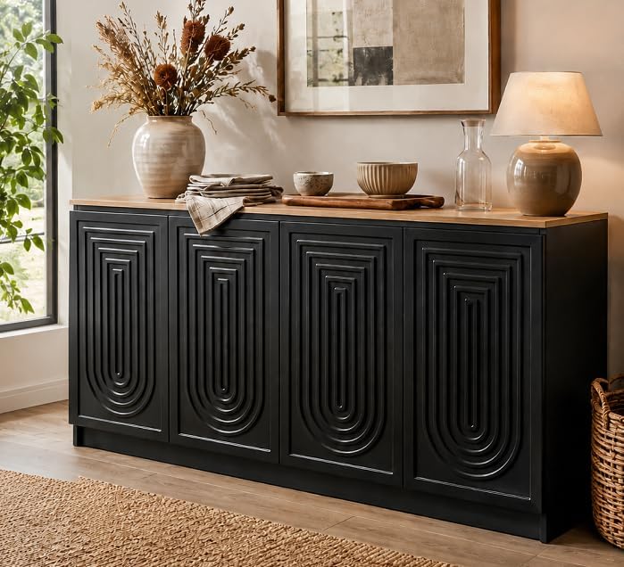 Gyfimoie 63" Fluted Sideboard Buffet Cabinet with Storage, Modern Credenza with Adjustable Shelves, Wood Accent Cabinet with 4 Doors, Dining Room Buffet Cabinet for Kitchen Living Room Entryway, Black