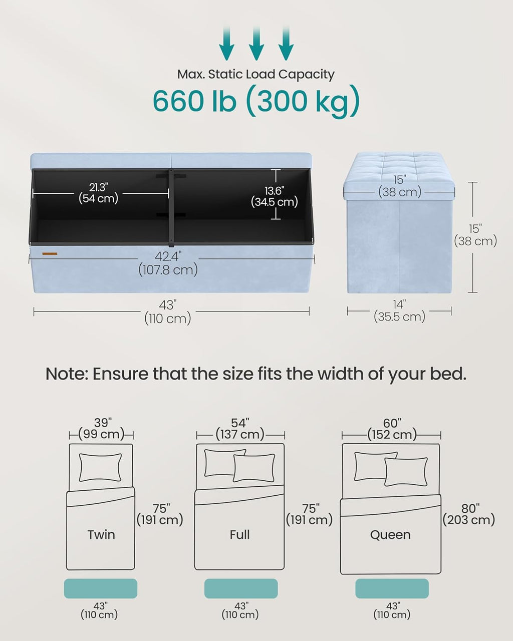 SONGMICS Mazie Collection - 43 Inches Storage Ottoman, Foldable Storage Bench with Flipping Lid, 660 lb Load Capacity, for Entryway, Living Room, Bedroom, Velvet Fabric, Pale Blue ULSF078QQ03