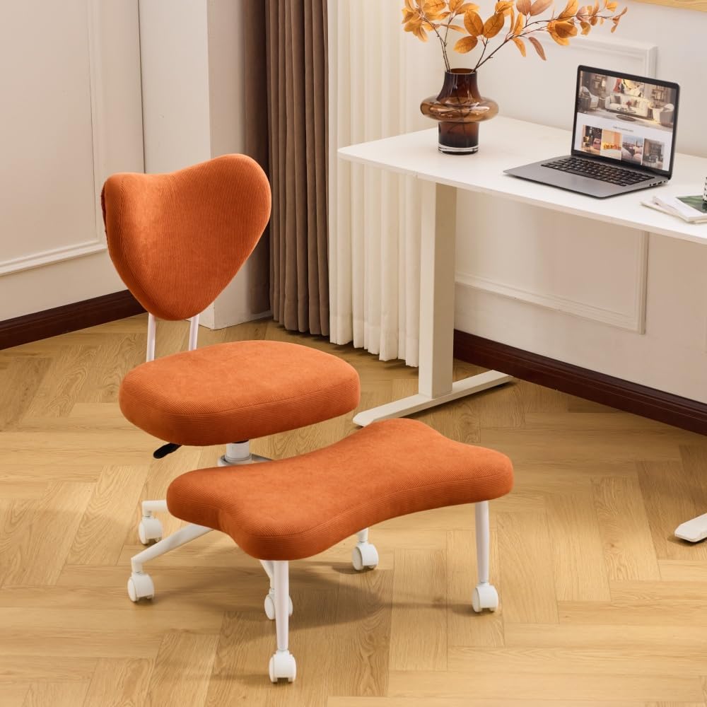 Ergonomic Cross Legged Office Chair - Meditation Kneeling Chair with Lumbar Support, Adjustable Height Swivel Seat with Wheels for Office Work Study Yoga Reading Home Living Room, Orange