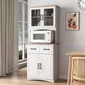White Wooden Kitchen Cabinet, Pantry Storage Unit with Framed Glass Doors, Microwave Stand & Drawer, for Living Room, Dining Room, or Kitchen