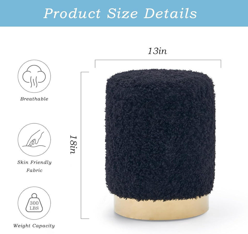 Storage Ottoman,Metal Base Vanity Stool Chair,Modern Round Footstool with Soft Padded Seat,Multipurpose Sofa Table or Plant Stand for Hallway,Living Room and Lounge (Black-Long Wool)
