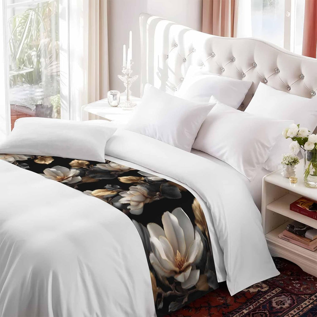 Magnolia Blossoms Bed Runner for King Size Bed, 102"x20" Retro White Floral Black Gold Leaf Branch Luxury Bed Runners & Scarves Decorative Bedding Scarf Protector Slipcover for Home Hotel