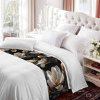 Magnolia Blossoms Bed Runner for King Size Bed, 102"x20" Retro White Floral Black Gold Leaf Branch Luxury Bed Runners & Scarves Decorative Bedding Scarf Protector Slipcover for Home Hotel
