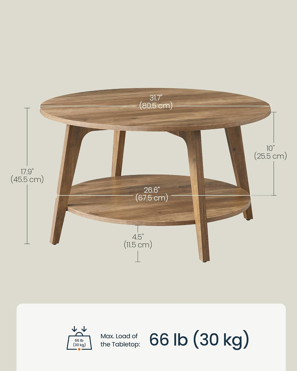 SONGMICS HOME Round Coffee Table, 2 Tier Living Room Center Table, Mid Century Modern Charm, Brown