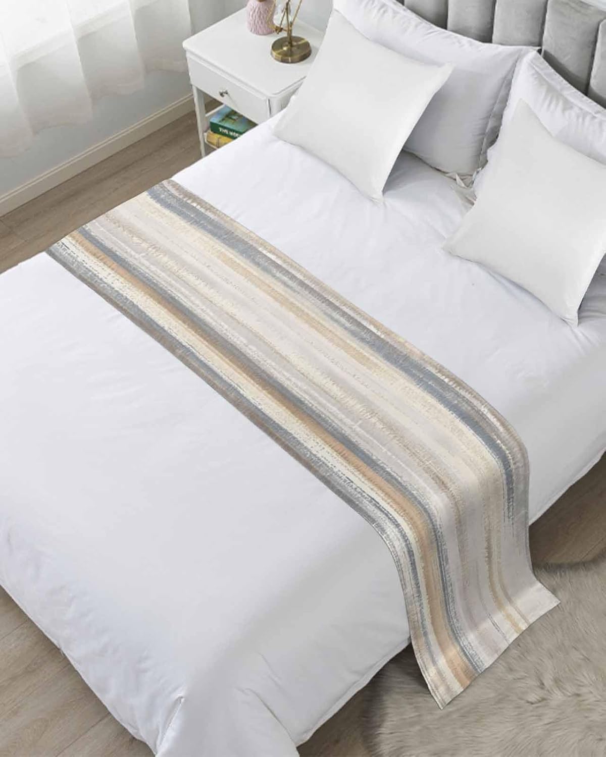 Beige Grey Bed Runner Scarf Cal King Size,Abstract Mottled Art Retro Modern Painting Luxury Bed Throw Runners & Scarves for Twin Full Queen King Foot Bedroom Hotel Wedding Room Decoration,102"x20"