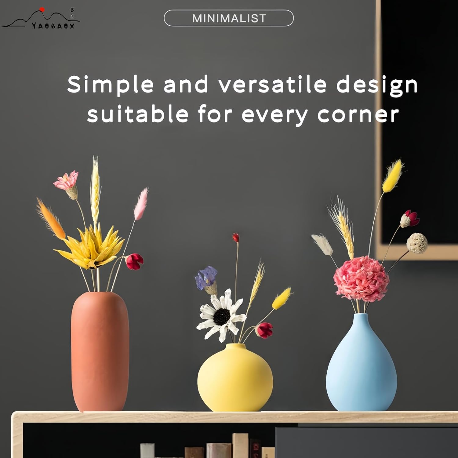 Small Multi Color Ceramic Vase Set of 3 Modern and Minimalist Decorative Frosted Orange Yellow Cerulean for Home Decor, Office, Shelf, Table, Bookshelf, Entryway, Coffee Table Decor