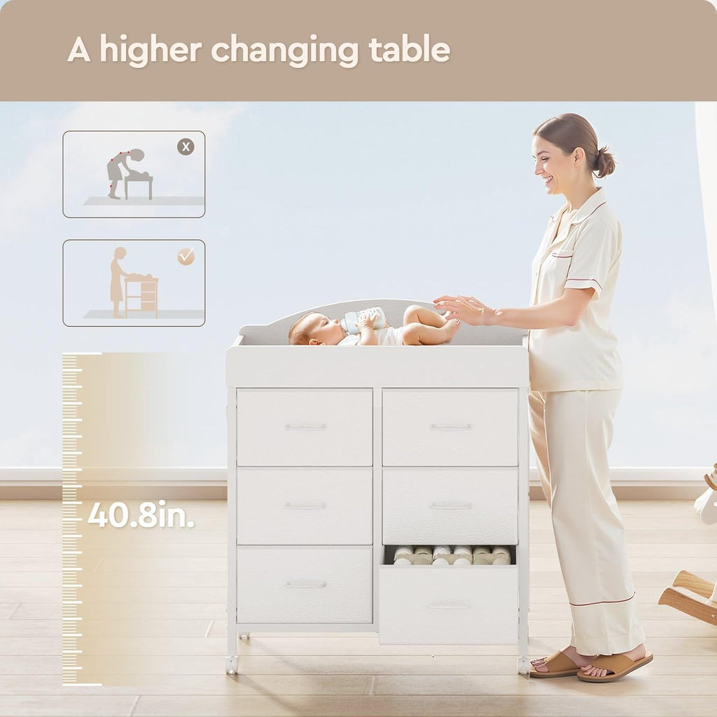 Yetom Baby Changing Table Dresser with Wheels, 6-Fabric Drawer Baby Dresser with Changing Table Top, Waterproof Diaper Changing Station & Pad, Mobile Storage Unit, Compact Baby Furniture, White