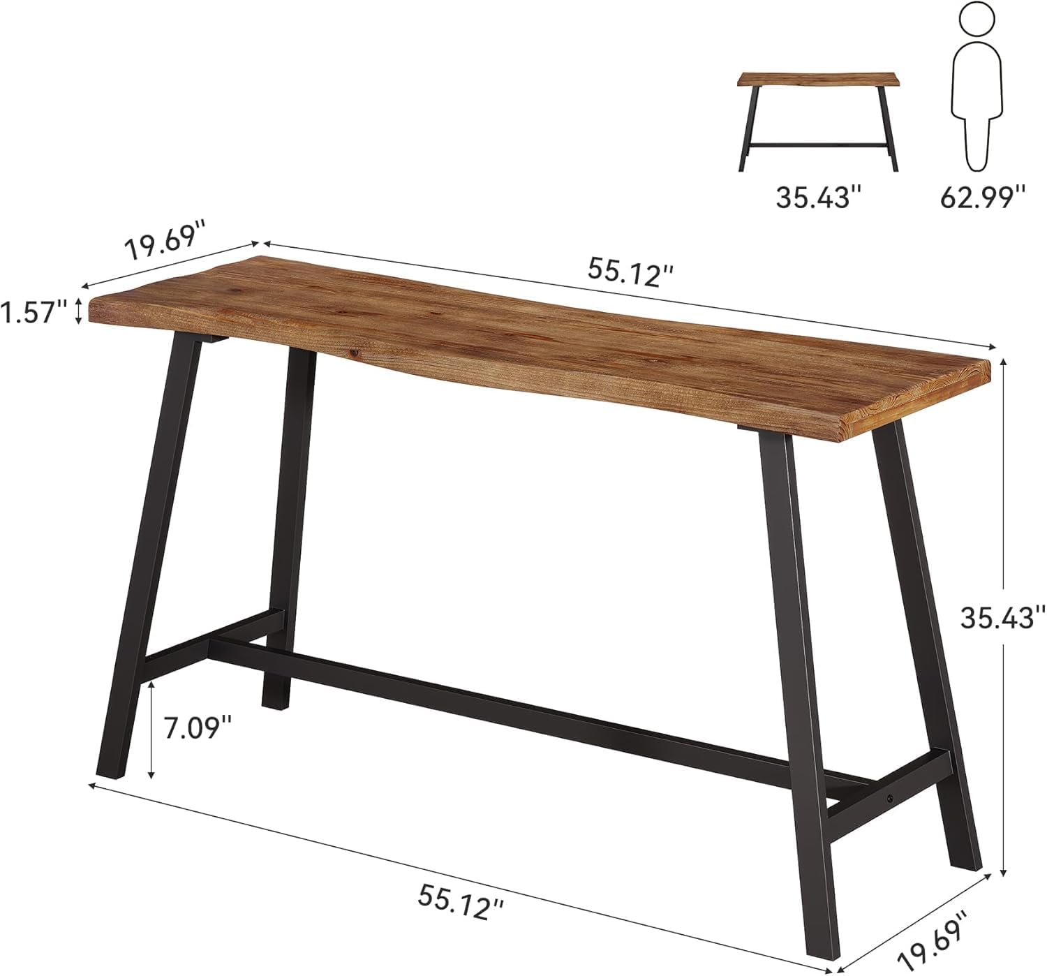 Solid Wood Bar Table, 55-Inch Counter Height Pub Table with Sturdy Metal Frame, Industrial Narrow Bar Table for Pub Kitchen Living Room, Rustic Brown