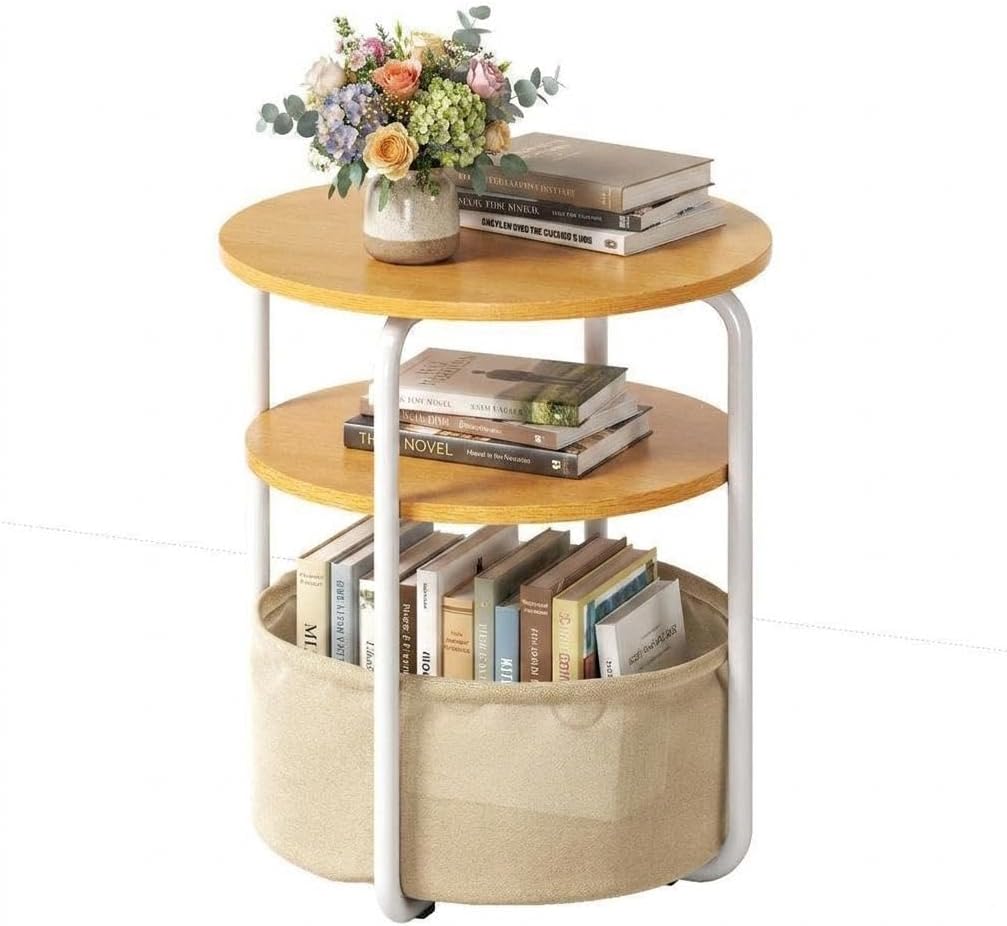 Small Round Side Table with Storage Bag, 3-Tier Accent Round End Table with Fabric Bin, 23.6" High Vintage Small Corner Table for Compact Spaces, Sofa Side Table, Nightstand for Bedroom
