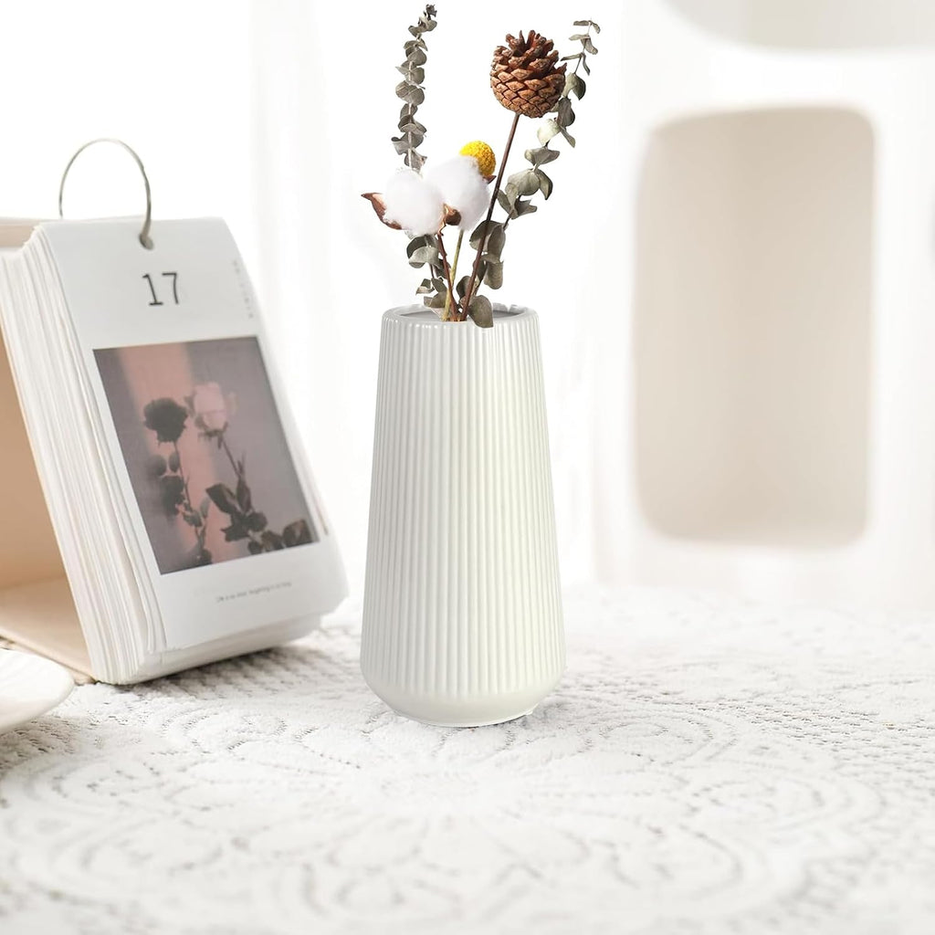 White Ceramic Vase for Flowers, Tall Home Decor Vase with Ribbed Texture, Vases for Centerpieces, Farmhouse Decor, Living Room, Decor Bedroom, Table, and Kitchen Shelf (XL White)