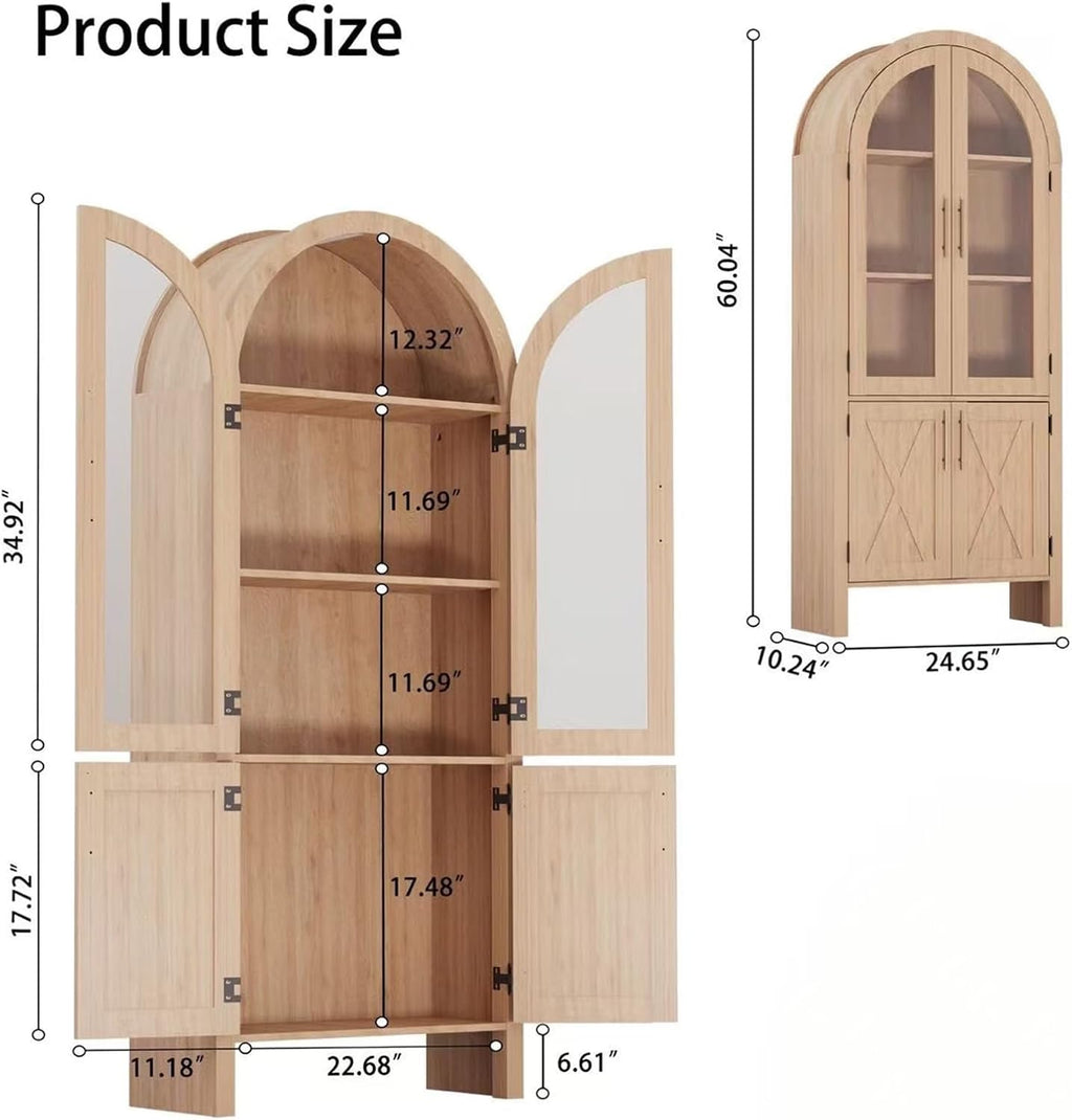 Jojoka Arched Pantry Cabinet, 60" Tall Farmhouse Kitchen Storage Cabinet with Glass Doors & X-Design, Tall Narrow Accent Cabinet with 4 Doors, Wood Display Cabinet for Dining Room, Living Room, Entry