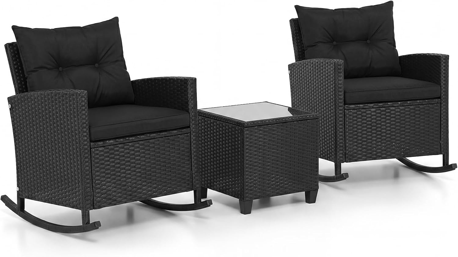 Tangkula 3 Piece Wicker Rocking Set, Patio Rattan Roker Chairs with Tempered Glass Table & Soft Cushions, Outdoor Furniture Set for Backyard, Poolside Porch