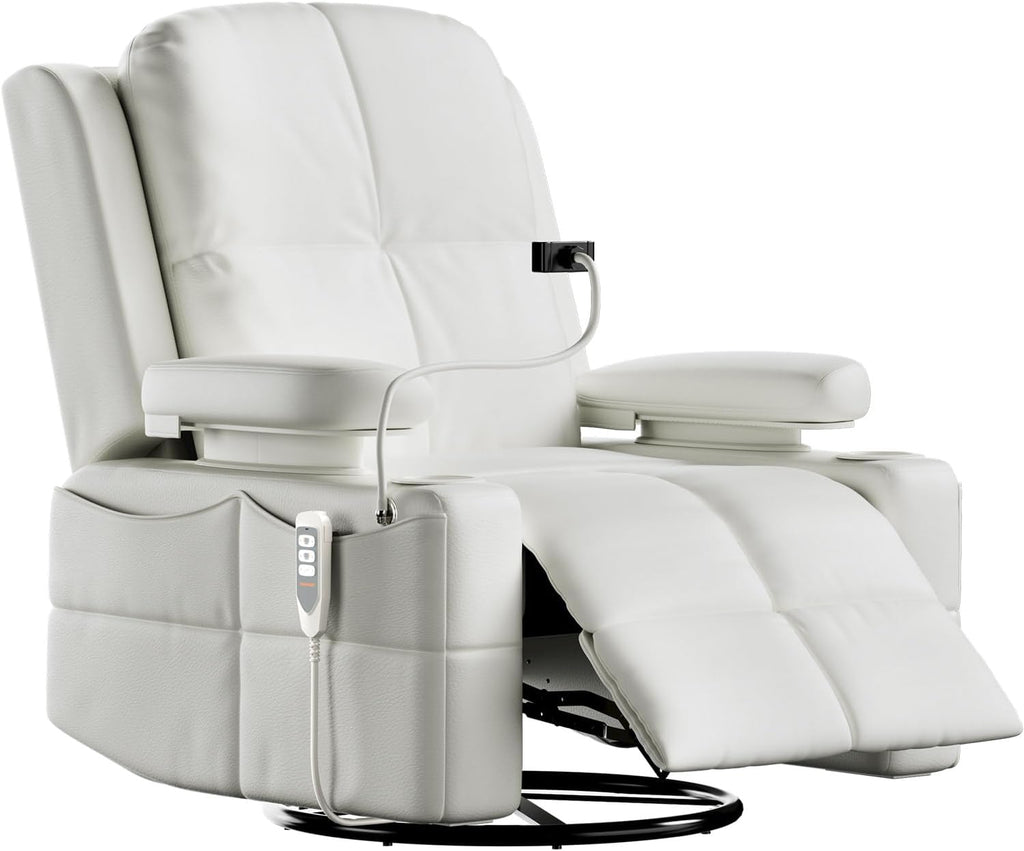Triple Motor Power Swivel Rocker Recliner Chair with Adjustable Armrests for Adults Elderly, FSC Certified Faux Leather Rocking Chair Nursery for Breastfeeding(White)