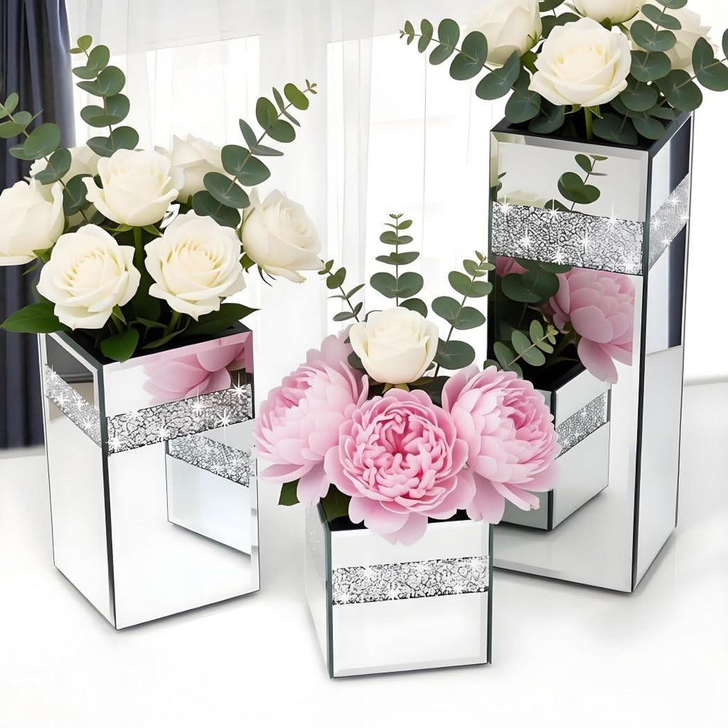 ALLARTONLY Crushed Diamond Mirrored Vase Pack of 3 Pieces Small Middle Large. Crystal Silver Mirror Glass Stunning Decorative Flower Vase Luxury for Home Decor. Can’t Hold Water.
