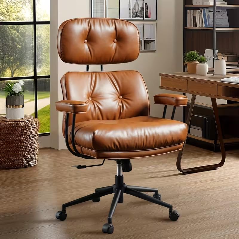 OLINOA PU Leather Office Chair High Back Ergonomic Desk Chair with Lumbar Support Mid-Century Executive Computer Chair with Wheels for Home Office, Brown
