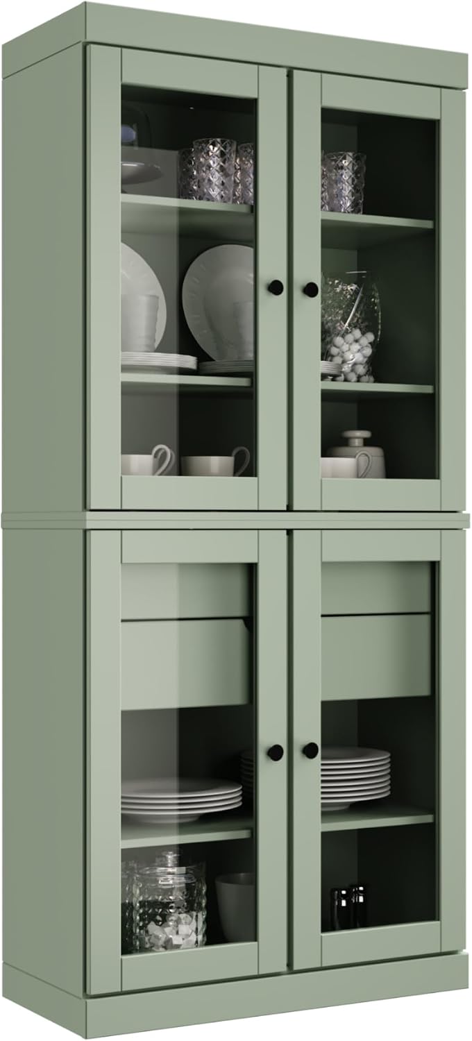 Palace Imports 100% Solid Wood 32"" Pantry Cabinet with Clear Glass Doors, 2-Drawers & Adjustable Shelves