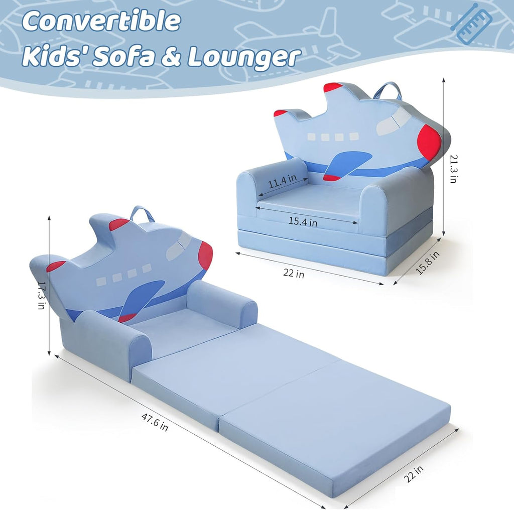 Toddler Couch 2 in 1 Flip-Out Kids Couch, Fold Out Foam Kids Sofa with Soft Washable Cover, Airplane Design for Playroom