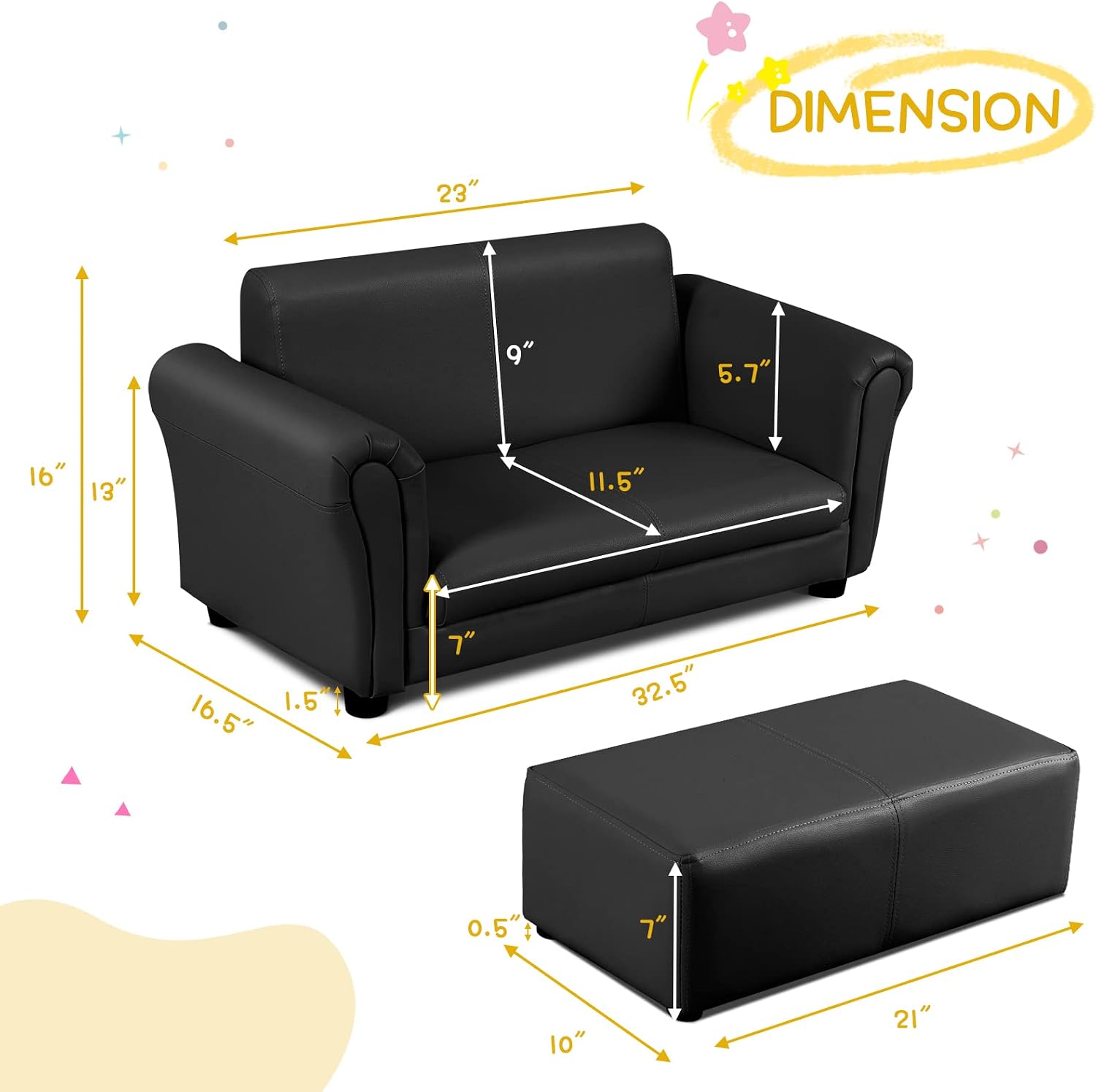 HONEY JOY Kids Sofa, 2 Seat Toddler Couch Lounge Bed with Ottoman, Sturdy Wood Construction, Children PU Leather Upholstered Loveseat Armrest Chair for Bedroom Living Room, Double Seat w/Stool (Black)