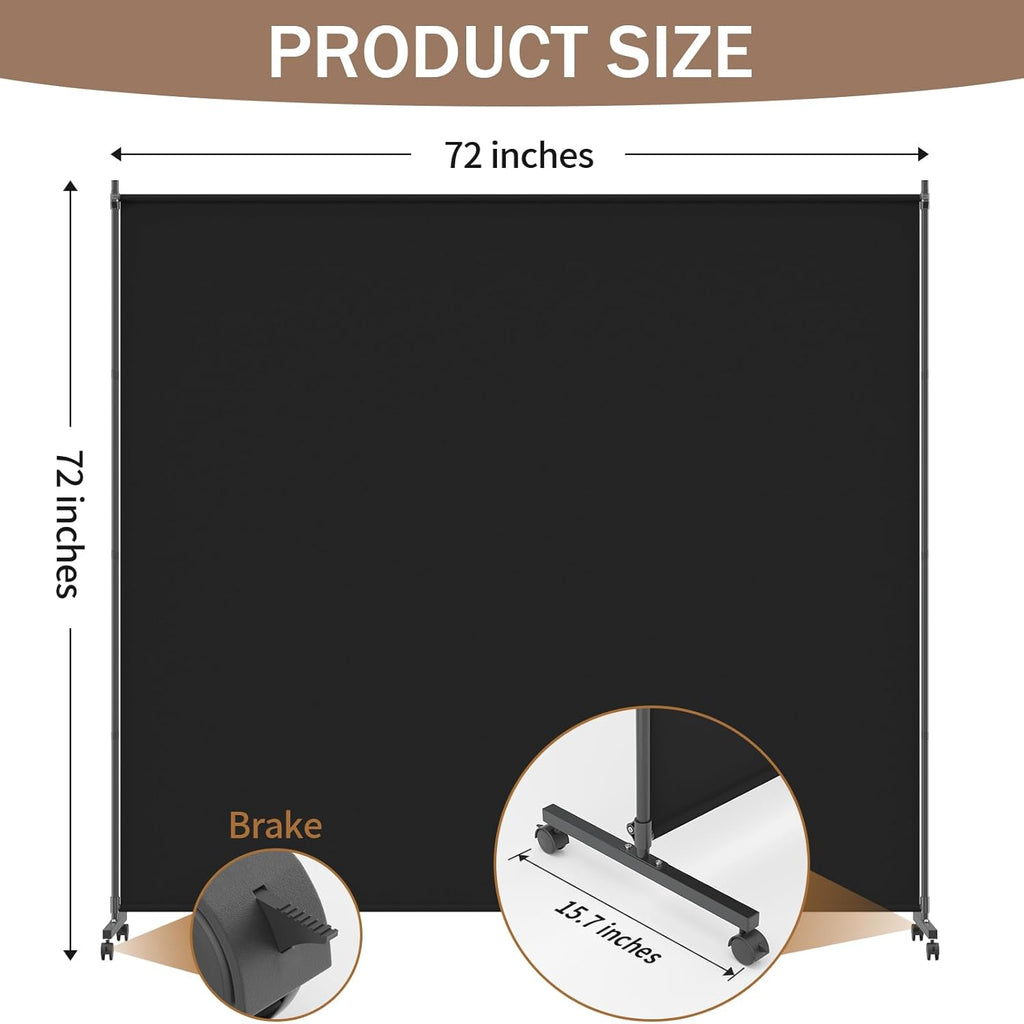 Single Panel Room Divider/Privacy Screen with Caster Wheels and Brakes - Stylish and Versatile Partition for Home,Office,School and Restauran (Black, 6FT*6FT)