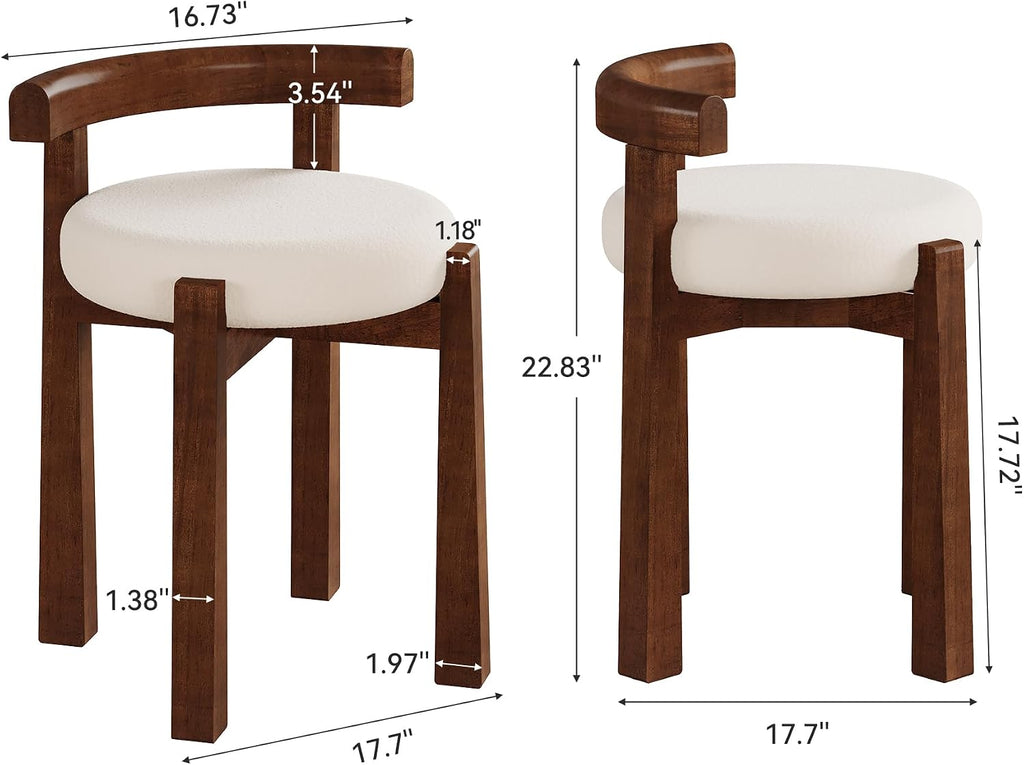 Wood Vanity Stool with Faux Wool Cushion, Upholstered Makeup Chair with Solid Wood Frame, Round Vanity Ottoman Seat for Makeup, Bedroom, Living Room, 20-Minute Assembly (Only Stool)