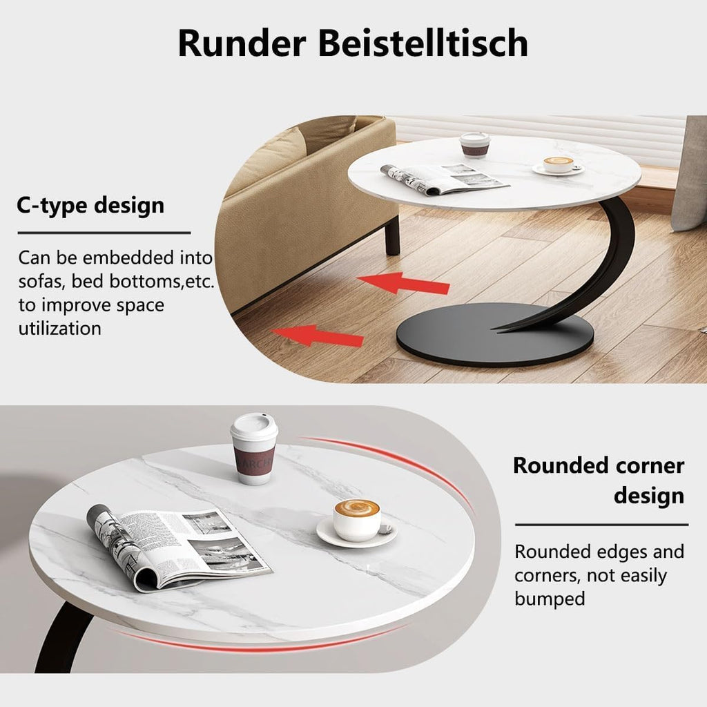 C-Shaped Side Table, Round End Table with Wooden Top & Metal Frame, Compact Living Room Coffee Table for Sofa, Bed, or Nightstand Use C