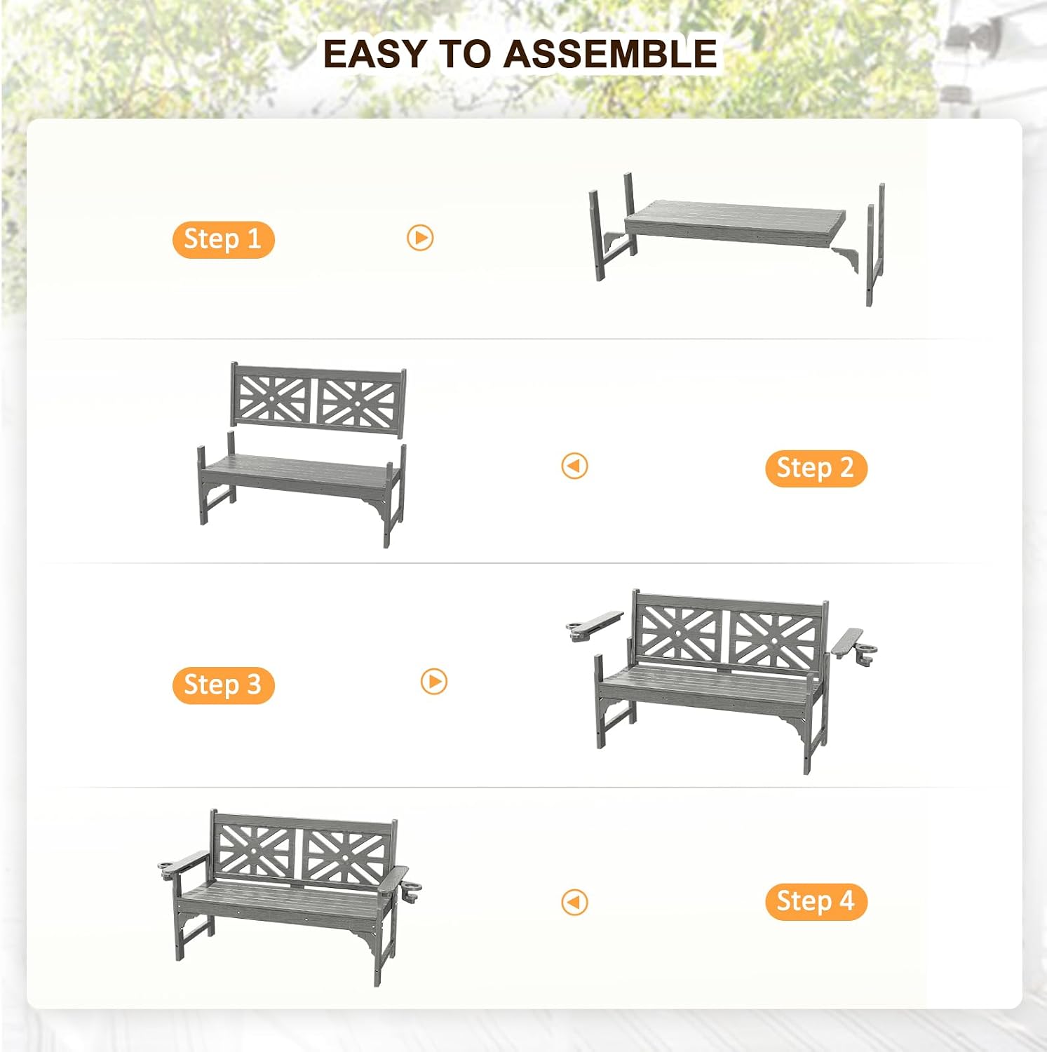 nalone Outdoor Bench with Cup Holders, HDPE Porch Bench Fade Proof (Grey) | Load up to 800 Lbs, For Patio Park Garden Porch, Low Maintenance, All weather Material Fade Proof