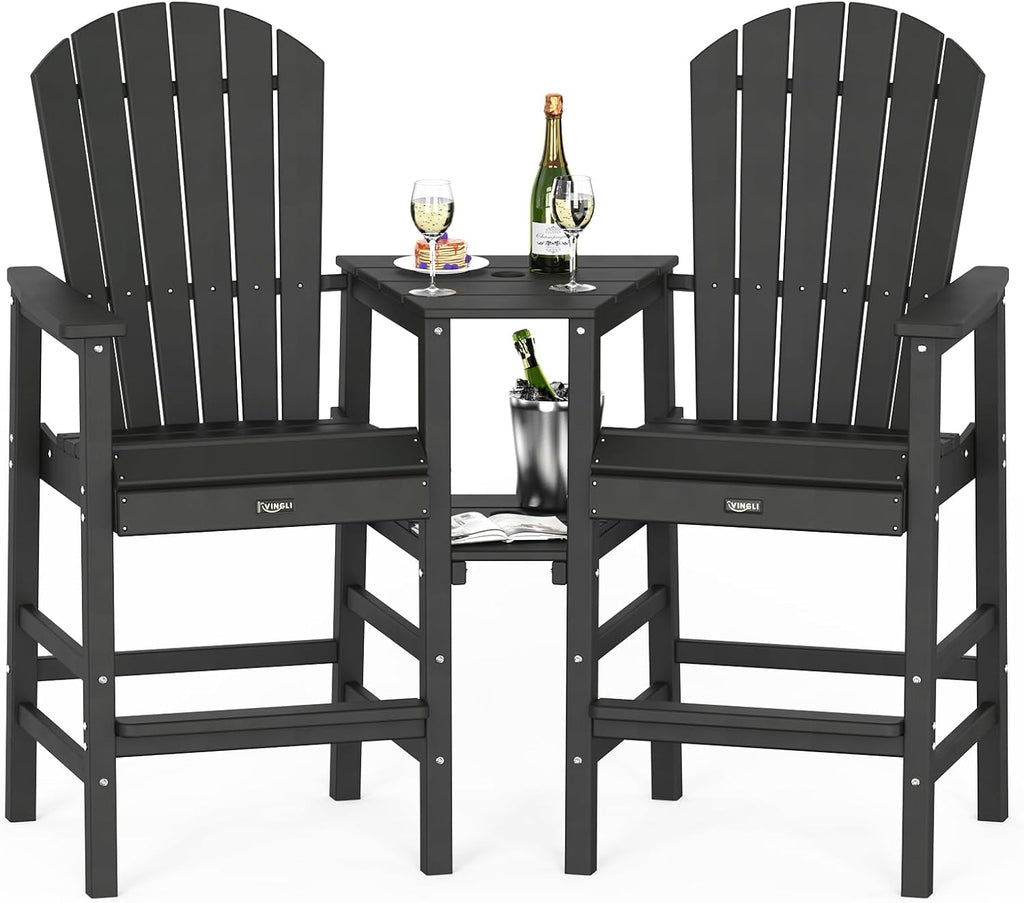 VINGLI Tall Adirondack Chairs Set of 2 with Dual Trays, All-Weather HDPE Outdoor BarStools Poly Deck Chairs for Patio, Poolside and Balcony (Black)