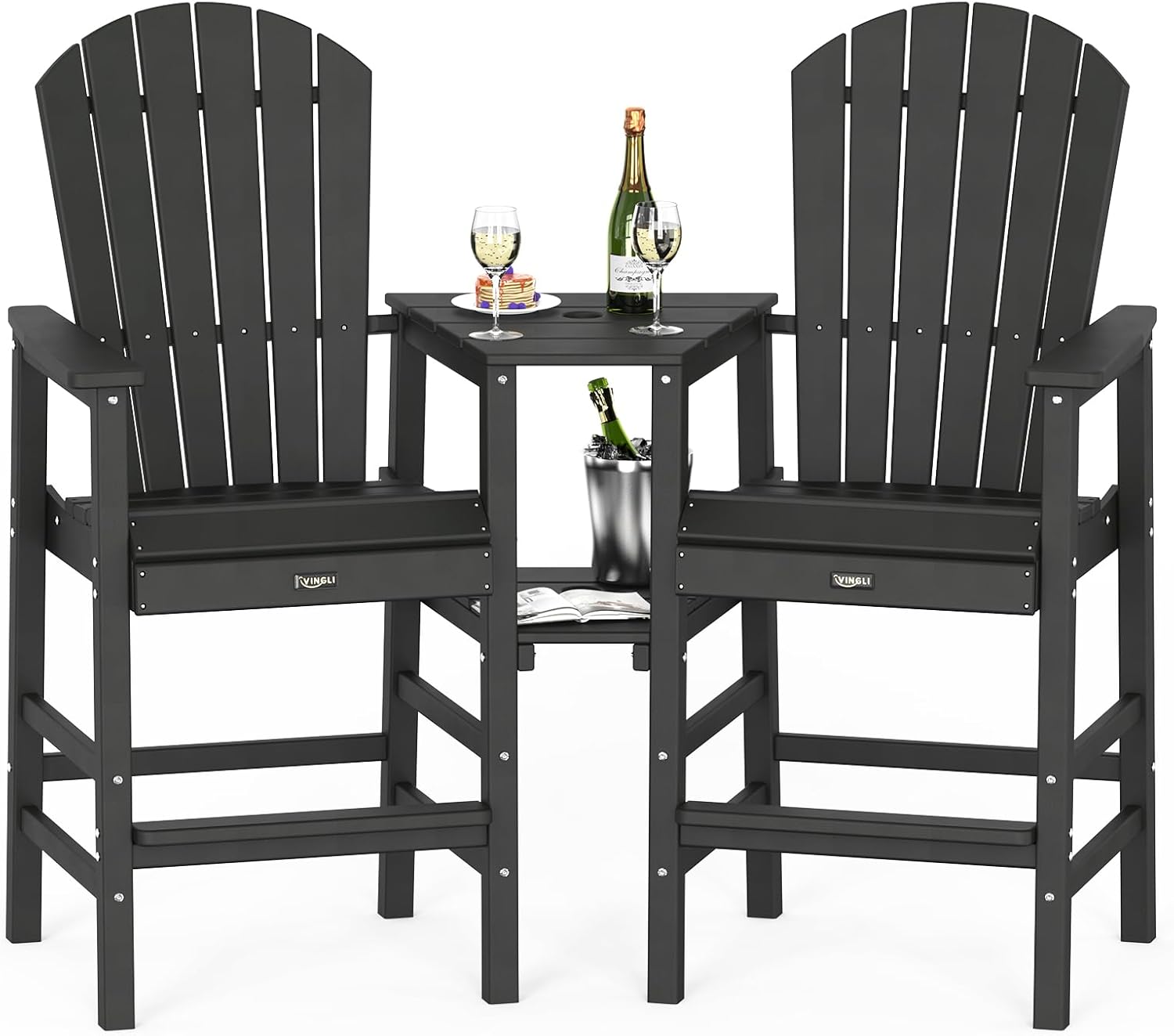 VINGLI Tall Adirondack Chairs Set of 2 with Dual Trays, All-Weather HDPE Outdoor BarStools Poly Deck Chairs for Patio, Poolside and Balcony (Black)