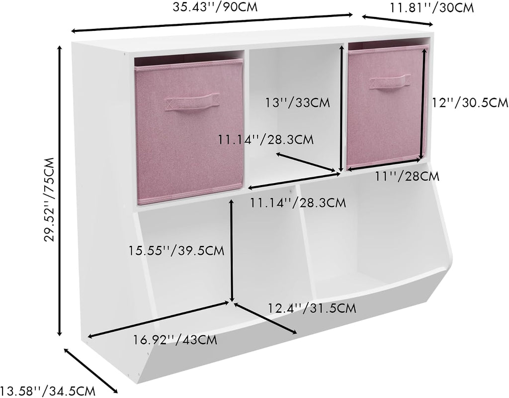 Bookcase with Collapsible Fabric Drawers, Toy Storage Cabinet for Playroom, Bedroom, Nursery, School, White,Pink