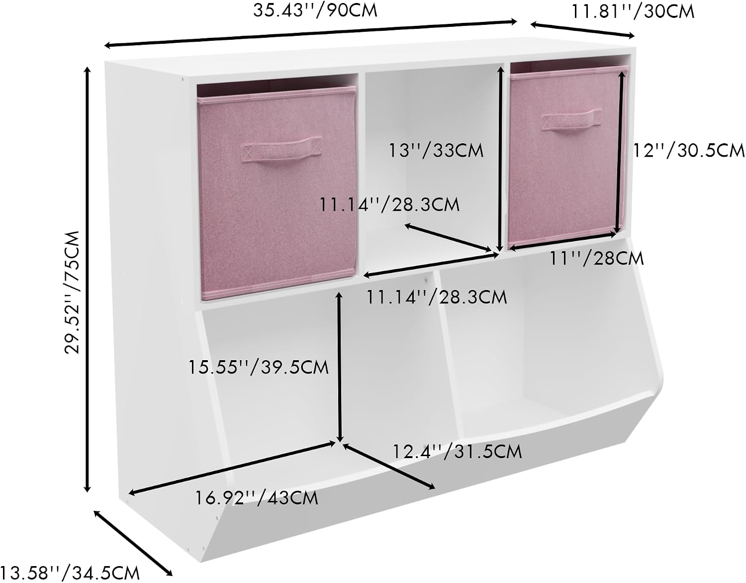 Bookcase with Collapsible Fabric Drawers, Toy Storage Cabinet for Playroom, Bedroom, Nursery, School, White,Pink