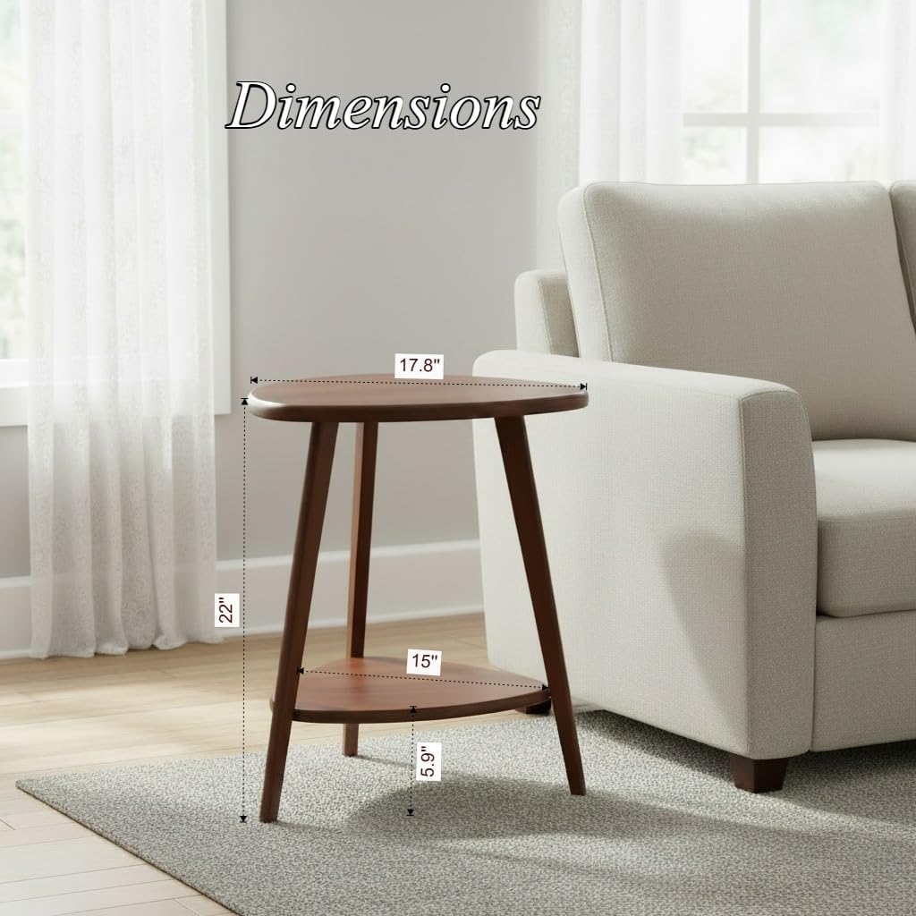 2-Tier Teardrop Shape End Table, Wood Side Table with Storage Shelf, Nightstand for Living Room Bedroom, Mid Century Modern Small Side Tables for Small Spaces, Solid Wood Legs, Walnut Brown