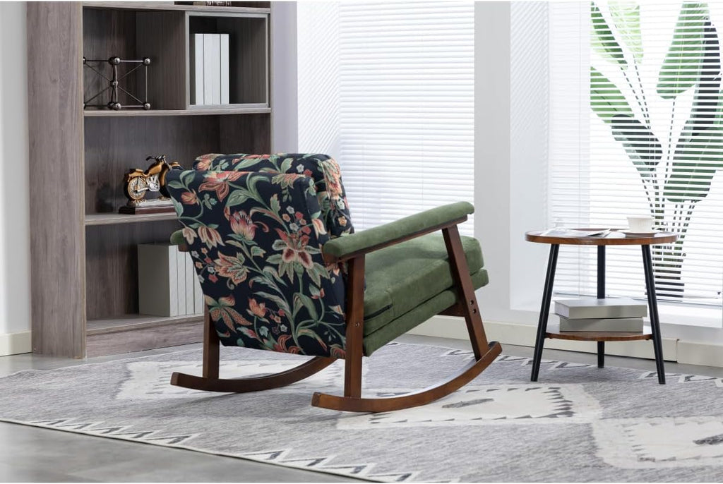 Rocking Chair for Nursery, Mid Century Modern Accent Chair with Comfort Backrest and Cushion, Cozy Reading Chair with Solid Rubberwood Frame for Living Room, Bedroom and Sunroom