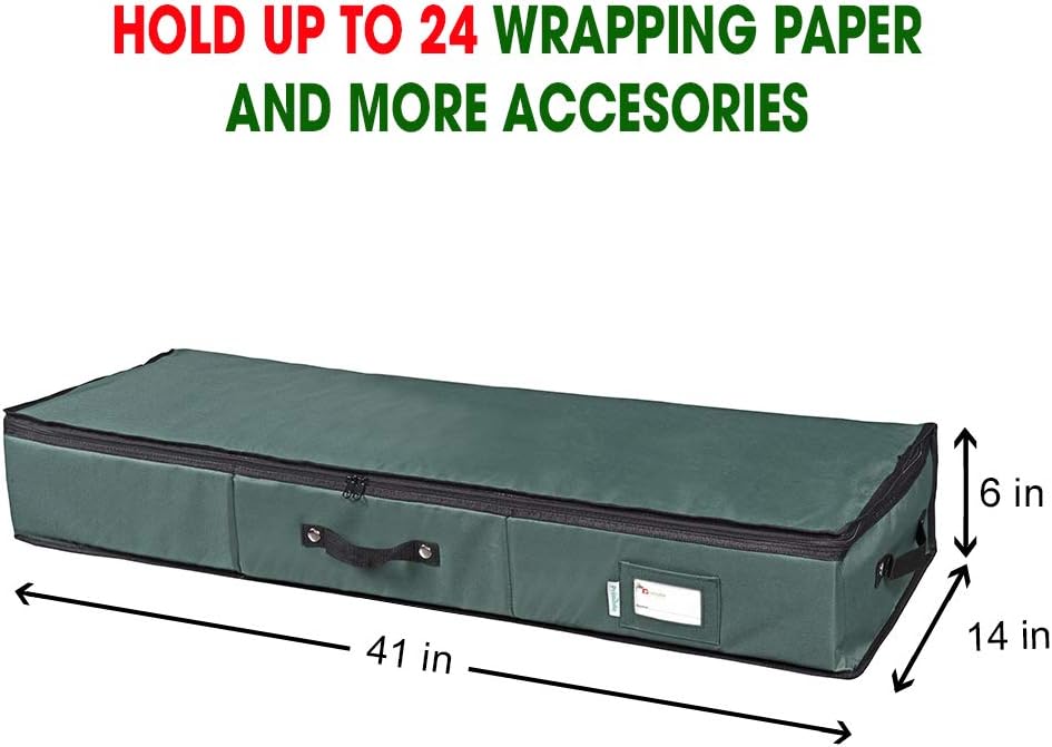 Primode Wrapping Paper Storage Container | Gift Wrap Organizer Under Bed | 41”x14”x6” | Box Holder for 18-24 Rolls Up to 40” | 600D Oxford Material | Pockets for Ribbon, Bows, and Accessories (Green)