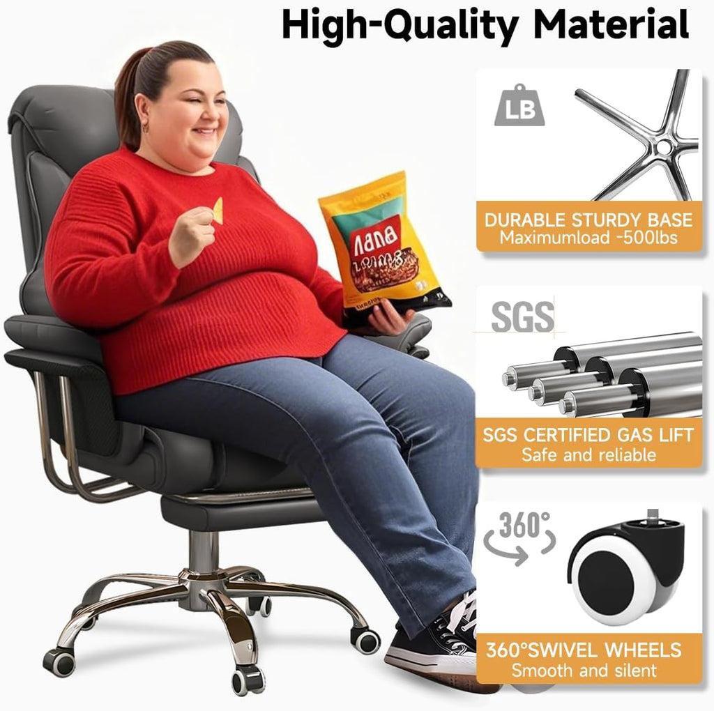 Big and Tall Office Chair 550 lbs Extra Wide Leather Executive Chair with Retractable Footrest, Heavy-Duty Ergonomic Chair, Adjustable Height Computer Gaming Chairs