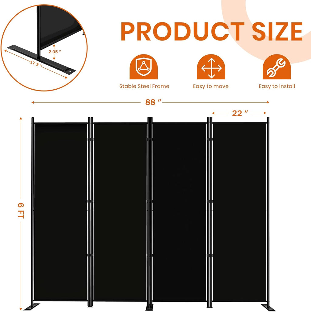 SUNALLY Room Divider 6FT Folding Privacy Screens, 4 Panel Fabric Divider for Room Separation, 88" W Freestanding Portable Wall Dividers Screen for Home Dorm Studio Office, Black
