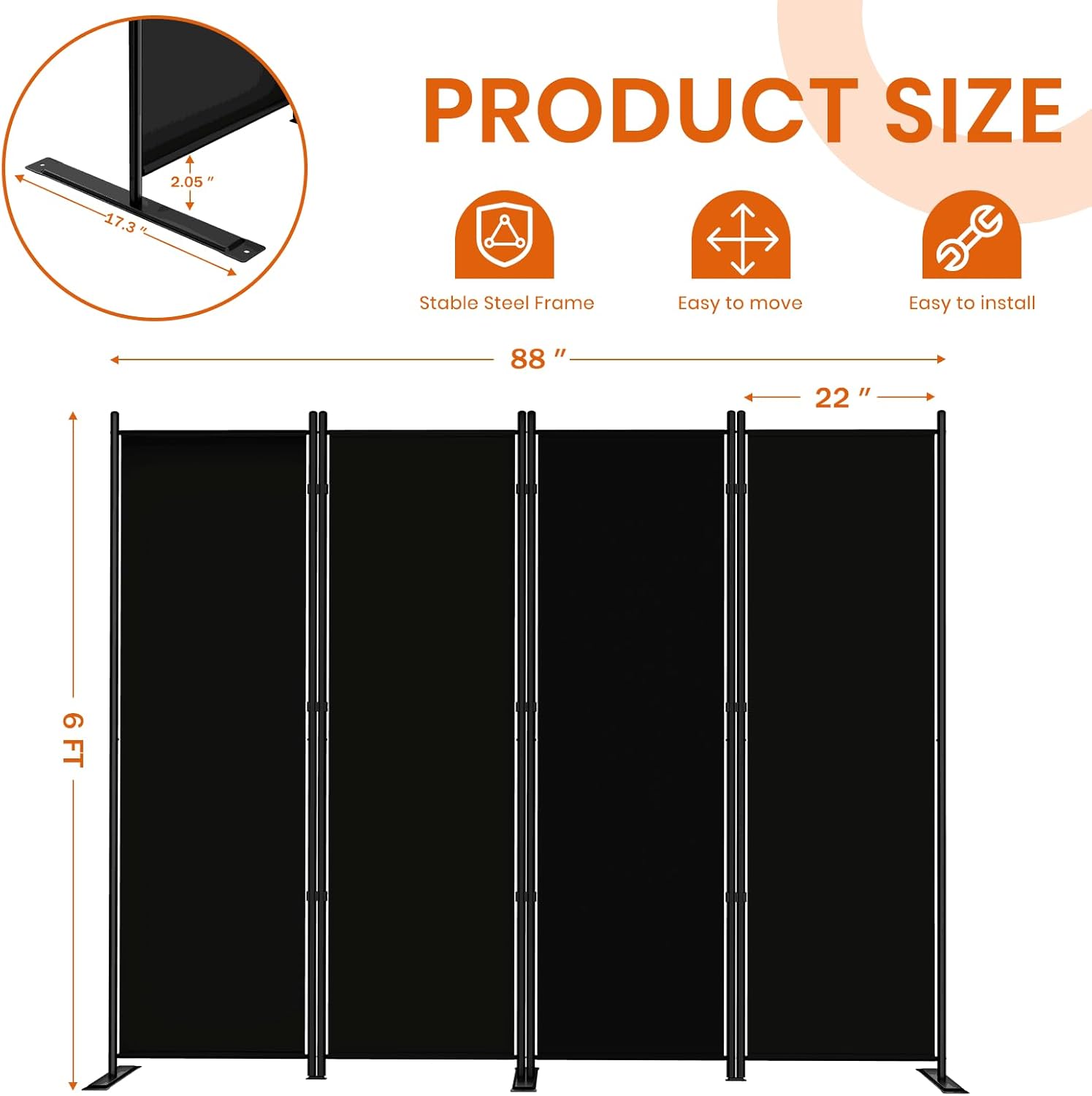 SUNALLY Room Divider 6FT Folding Privacy Screens, 4 Panel Fabric Divider for Room Separation, 88" W Freestanding Portable Wall Dividers Screen for Home Dorm Studio Office, Black