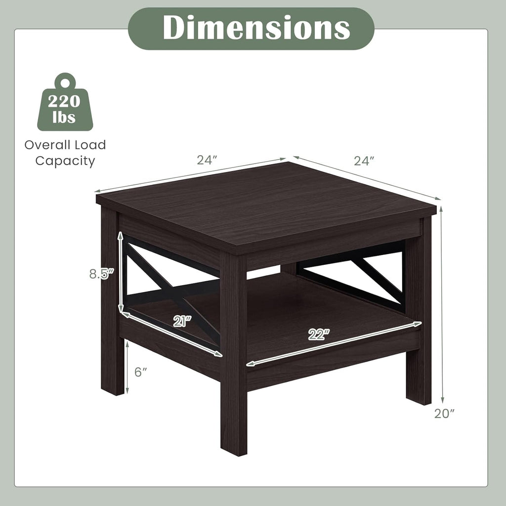 Giantex 2-Tier Square End Table, 24'' Sofa Couch Side Table with Storage Shelf & X-Frame, Farmhouse Wood Bedside Night Stand for Bedroom Living Room (Brown,1)