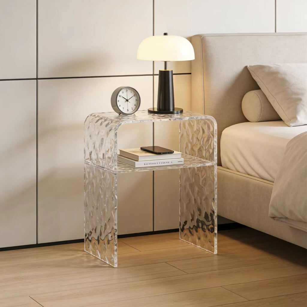 Acrylic 2-Tier End Table – 23.6”H Modern Nightstand with Shelf, Sturdy Bedside Storage for Bedroom, Living Room, Home Office, No Assembly Required (Water Ripple)