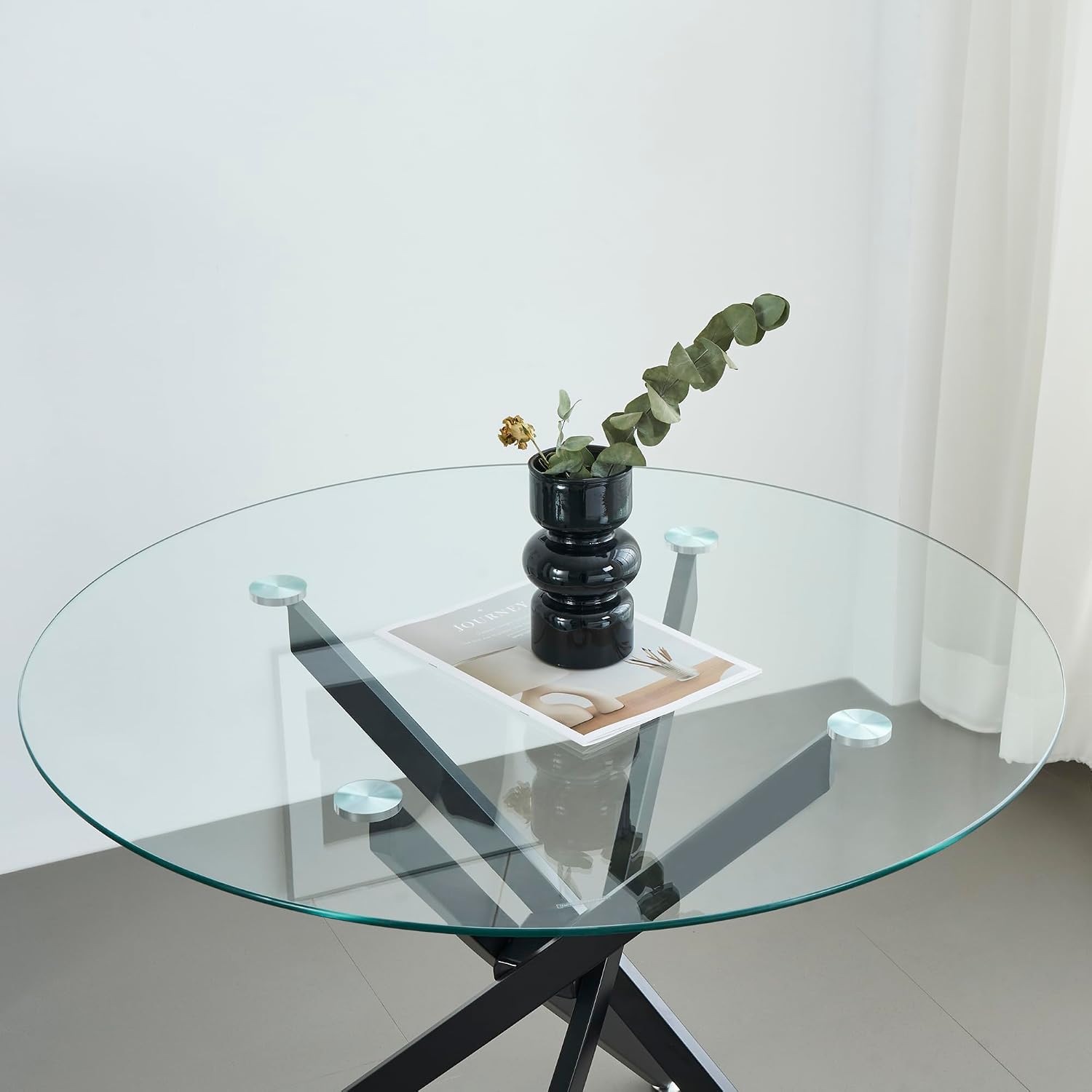 36" Round Glass Dining Table for 4, Circle Kitchen Table with Tempered Glass Top and Black Metal Cross Legs, Modern Small Glass Coffee Dinner Table for Kitchen Dining Room Apartment Office