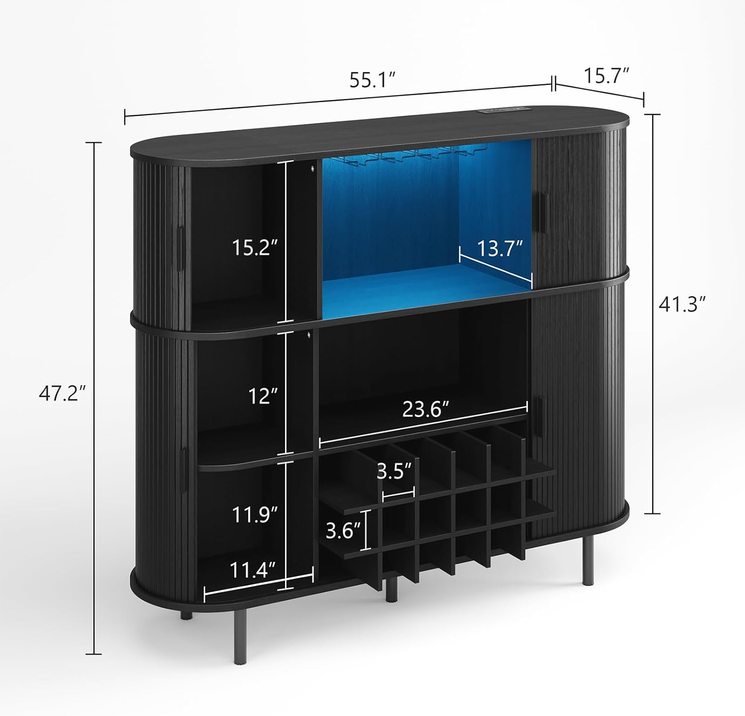 ONBRILL 55" Fluted Wine Bar Cabinet with LED Lights, Coffee Bar Cabinet with Power Outlet, Modern Liquor Whiskey Cabinets with Wine Rack and Glass Holder, Home Bar for Living Room Kitchen