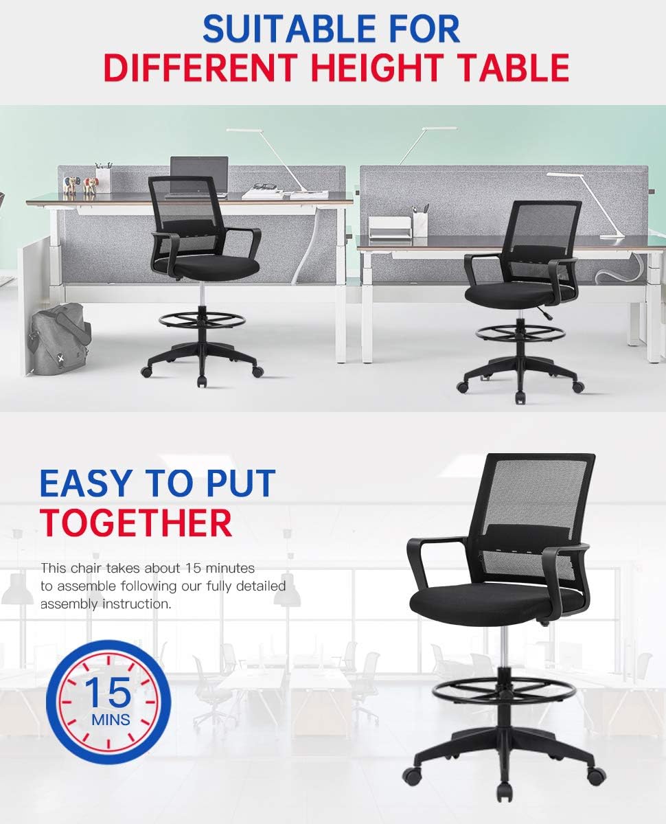 Home Office Tall Drafting Chair, Ergonomic Standing Drafting Office Chair Adjustable Height with Lumbar Support Arms Footrest Mid Back Desk Chair, Swivel Rolling Simple Chic Mesh Computer Chair, Black