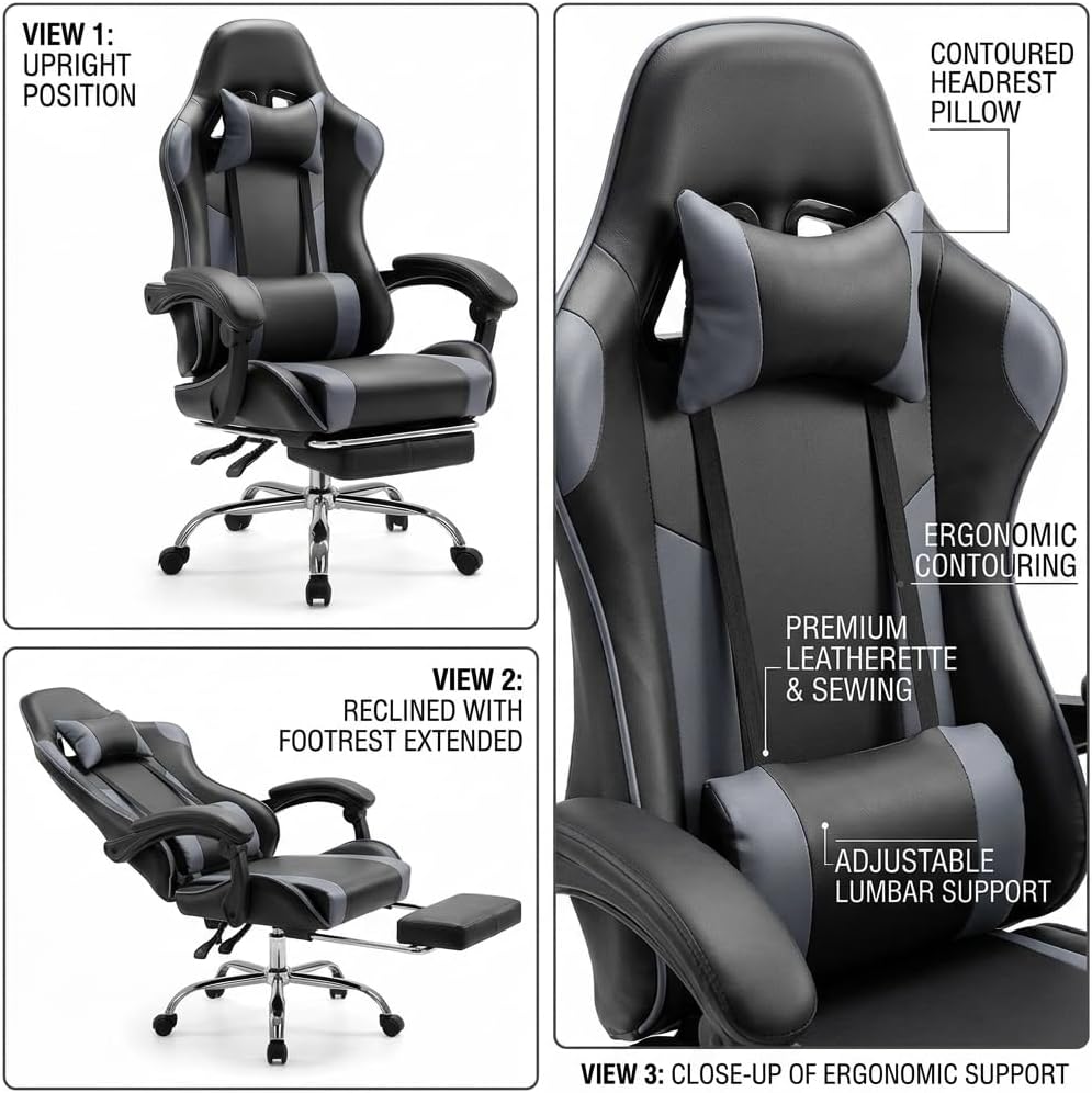 Racing E-Sports Gaming Chair - Ergonomic Grey PU Leather Computer Desk Chair with Footrest, High Back Recliner with Lumbar & Headrest Support, 360° Swivel for Home Office